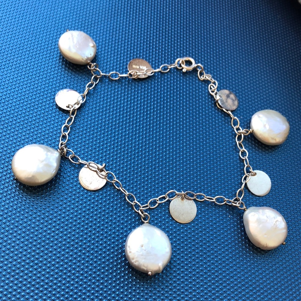 Vintage sterling silver coin pearl charm bracelet